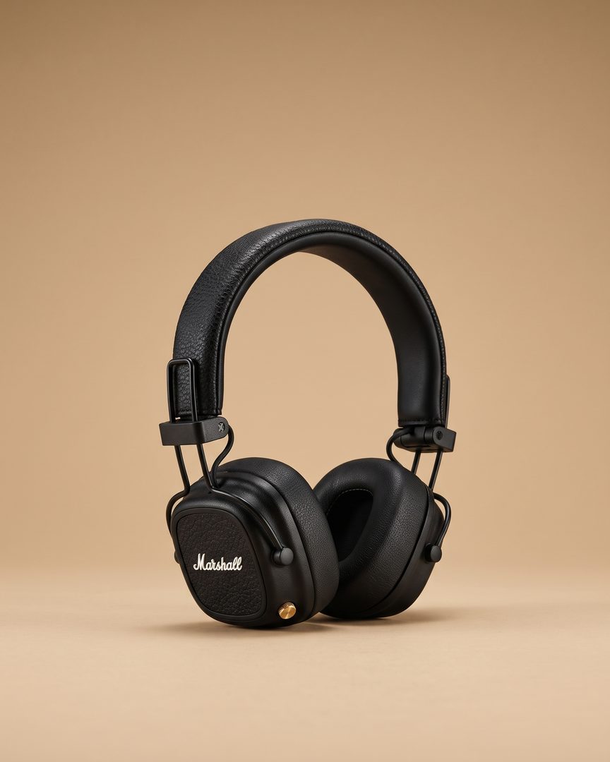 Los mismos auriculares en una foto de estudio con fondo beige