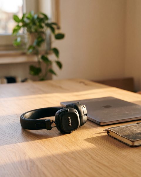 Los auriculares sobre un escritorio de madera con luz de tarde