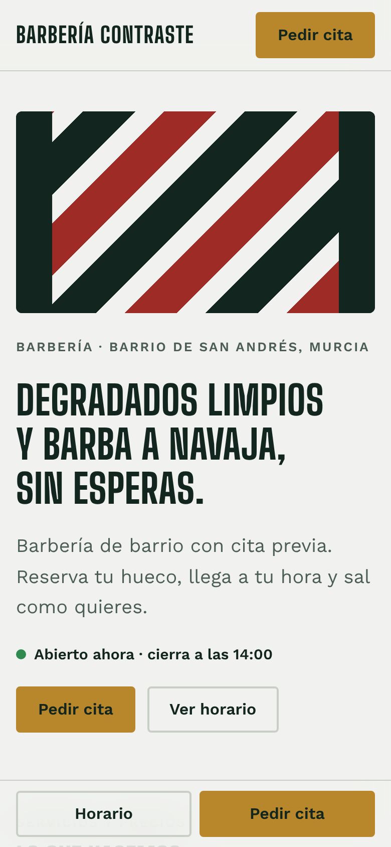 La web de muestra de Barbería Contraste en un móvil